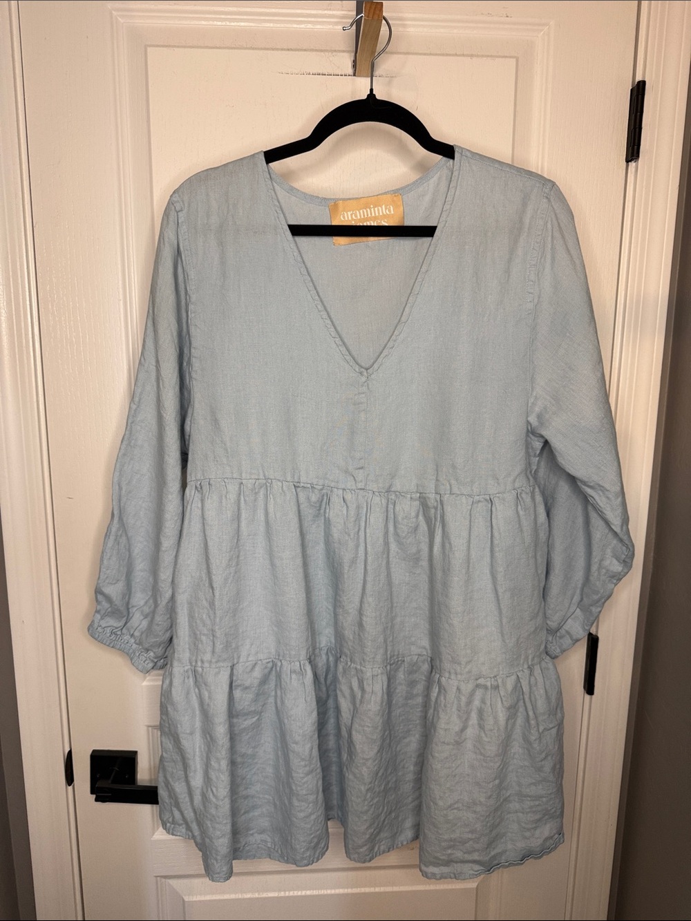 Araminta Pale Blue 100% Linen V-Neck Long-Sleeve Tiered Dress